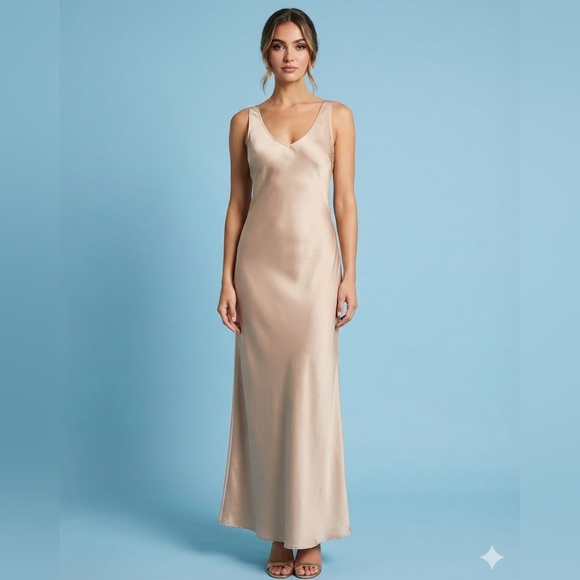 None Dresses & Skirts - Elegant Satin Evening Dress Size L. Round neck in front and V-neck in back .